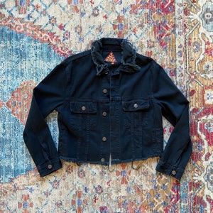 Cropped Raw Hem Black Denim Jacket